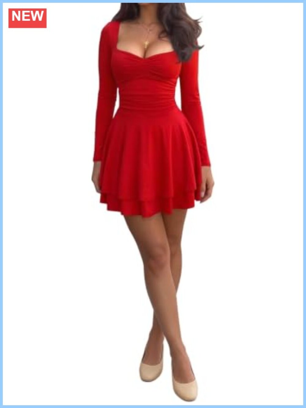 Square Neck Long Sleeve Mini Dress Ruched A-Line Flowy Hem